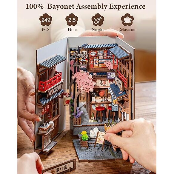Rolife Diy Book Nook Kits For Adults, Miniature Dollhouse Booknook Kit, 3D Wooden Puzzle Creative Decorative Bookends Bookshelf Diorama Insert Crafts Hobbies Gifts (Sakura Wine Alley) - Image 6