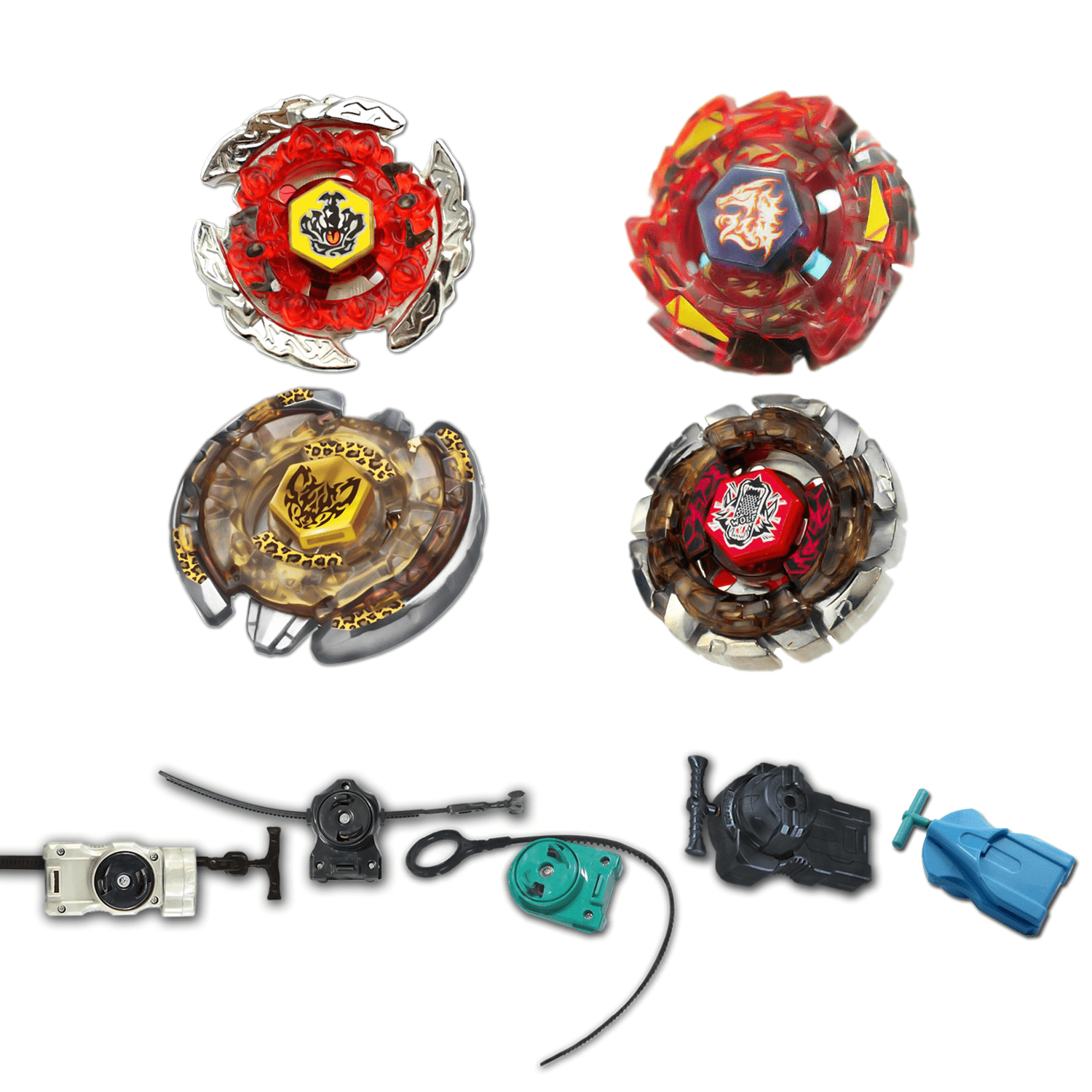 Beyblade 4 Pack Beat Lynx Bb-109, Dark Wolf Bb-29, Meteo L-Drago Rush Red Bb-98B, Hell Crown Bb-116 + 1 Free Launcher
