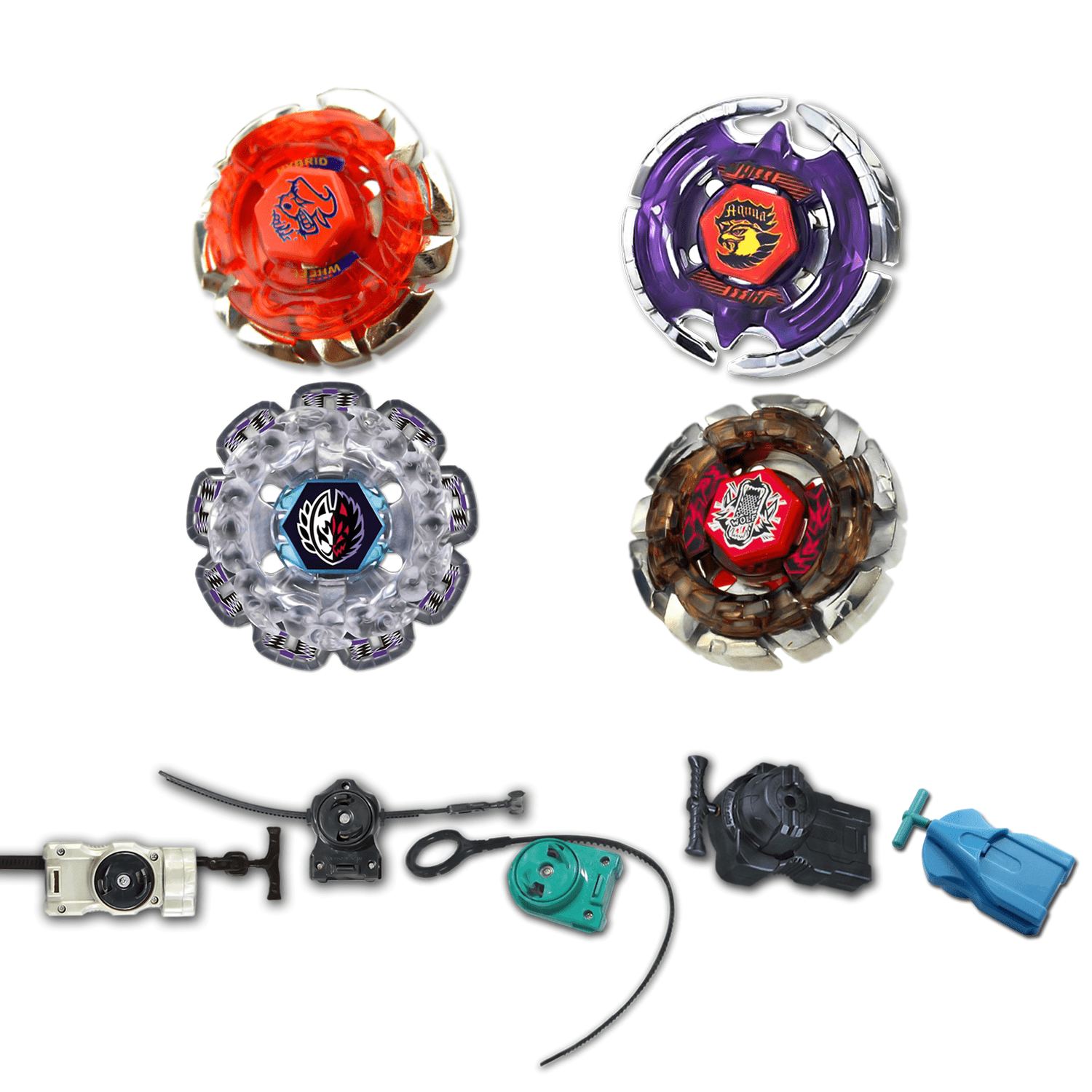 Beyblade 4 Pack Earth Eagle Aquila Bb-47, Dark Wolf Bb-29, Dark Bull Bb-40, Divine Fox 90W2D + 1 Free Launcher