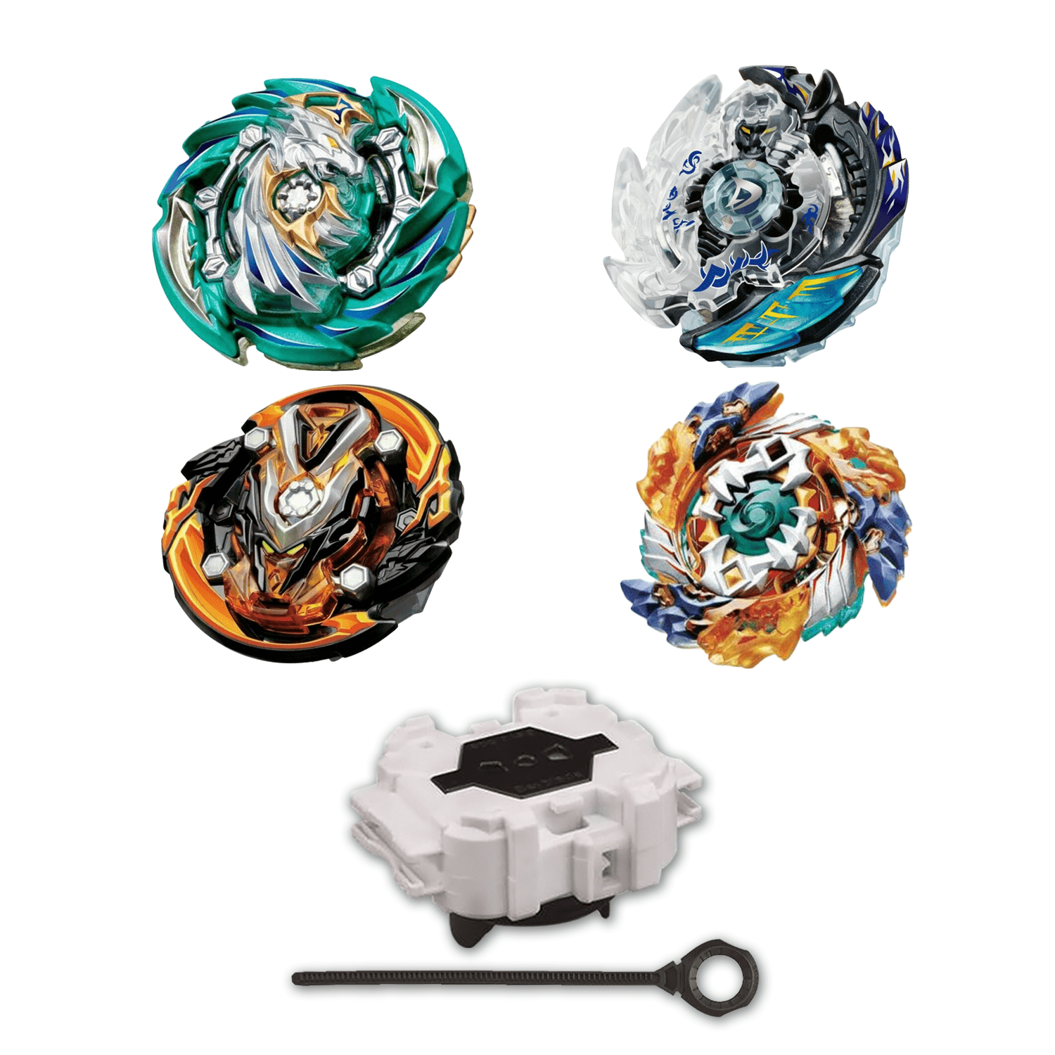 Beyblade Burst 4 Pack Heaven Pegasus B-148, Killer Deathscyther B-85, Grand Valkyrie B-00, Geist Fafnir B-122 W/ Free Launcher