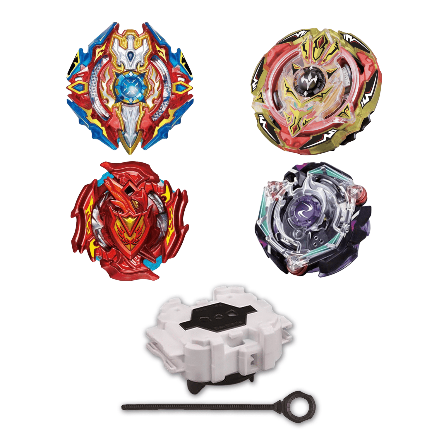 Beyblade Burst 4 Pack Sieg Xcalibur B-92, Screw Trident B-103, Z Achilles B-132 04, Kreis Satan B-74 W/ Free Launcher