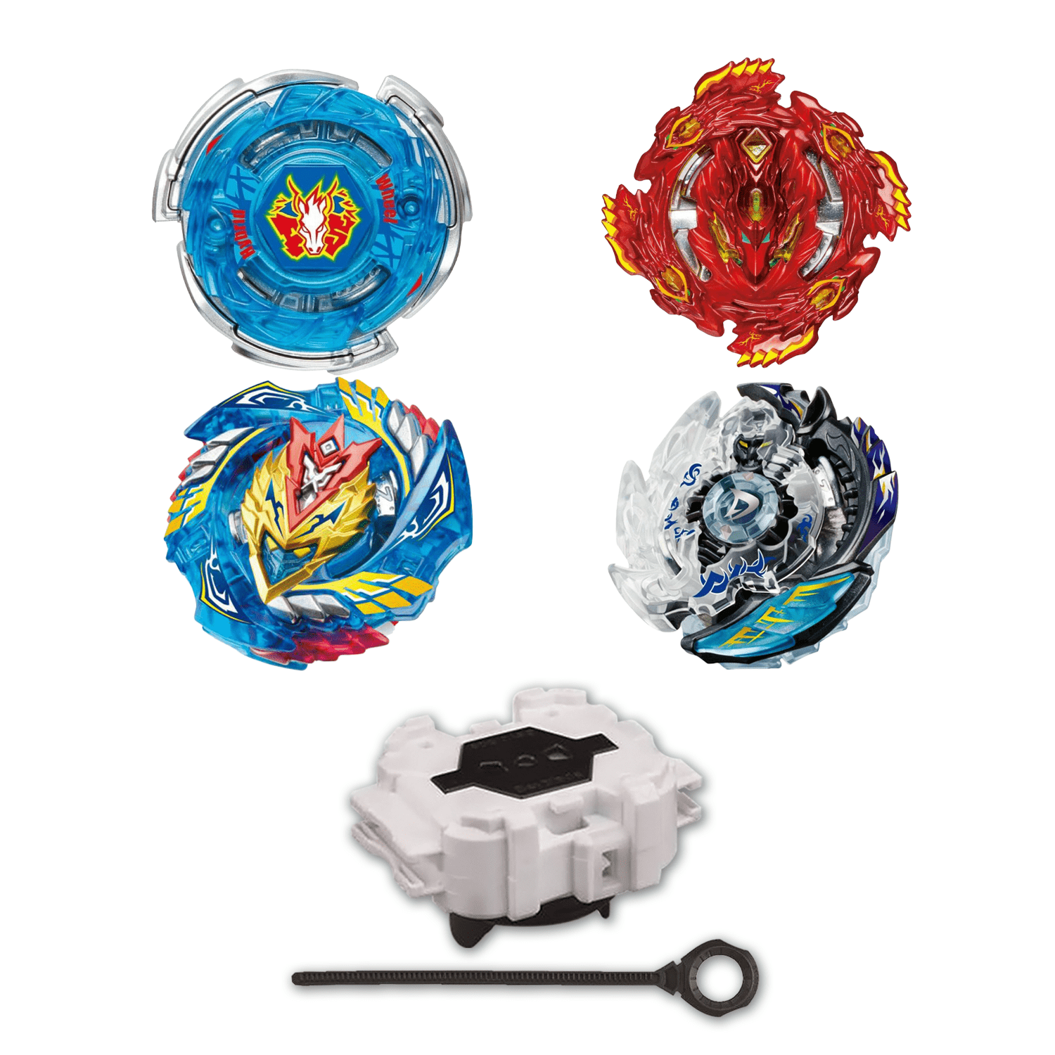 Beyblade Burst 4 Pack Storm Pegasus B-140-02 , Bloody Longinus B-132 03, Cho-Z Valkyrie B-127, Killer Deathscyther B-85 W/ Free Launcher