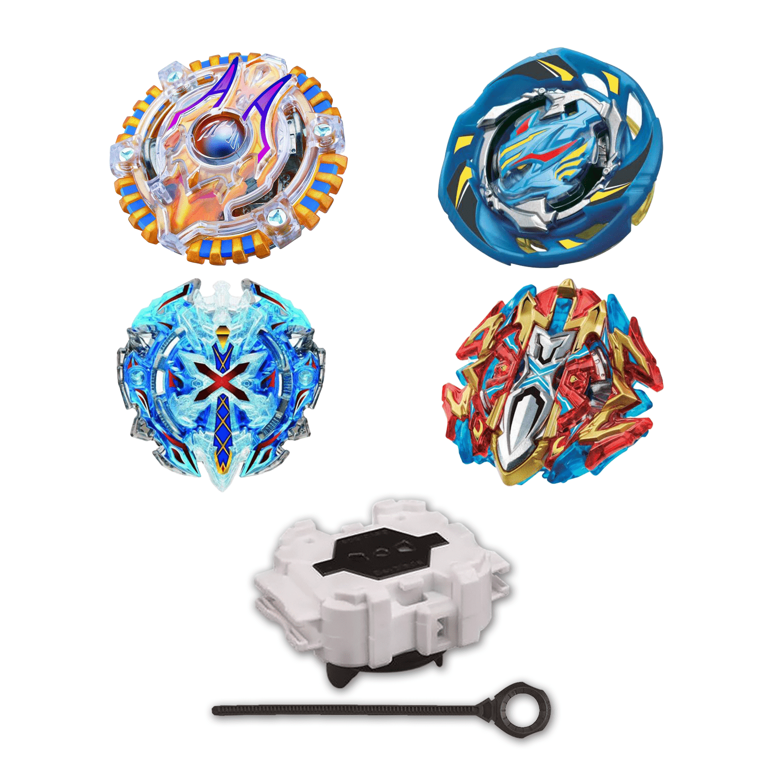 Beyblade Burst 4 Pack Acid Anubis B-71, Air Knight 12 B-130 01, Blue Xeno Xcalibur B-67, Buster Xcalibur W/ Burst Launcher
