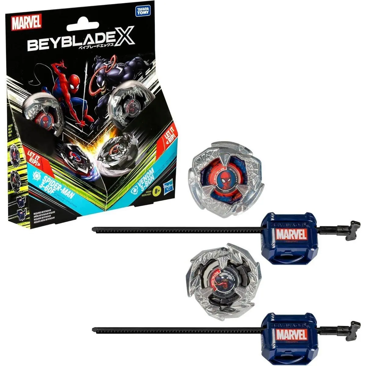 Beyblade X Marvel Spider-Man 3-60F Vs. Venom 3-80N Multipack Set, Includes 2 Right-Spin Tops & Launchers