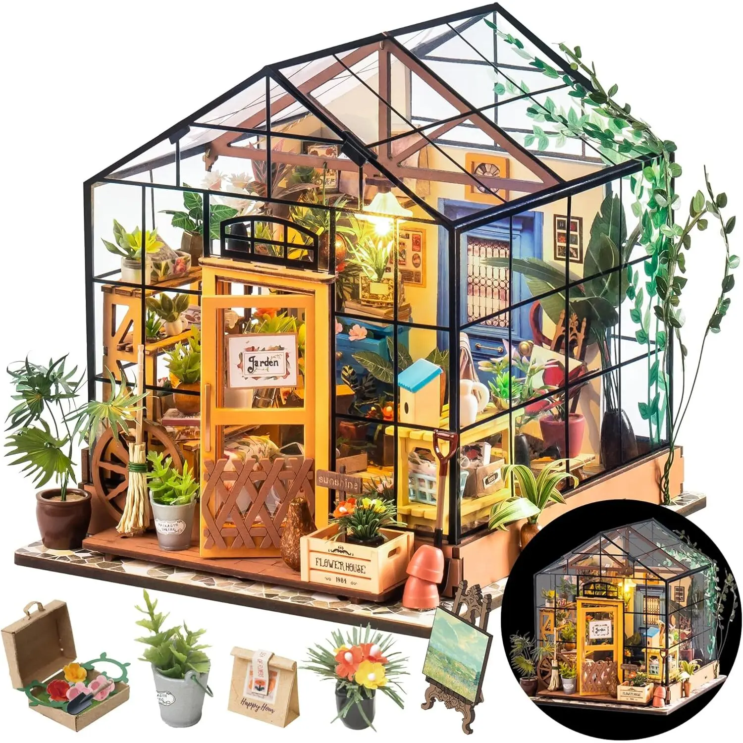 Rolife Cathy's Flower House Diy Miniature Kit Rolife Diy Miniature House Kit Greenhouse, Tiny House Kit For Adults To Build, Mini House Making Kit With Furniture, Halloween/Christmas Decorations/Gifts For Family And Friends (Cathy's Greenhouse)