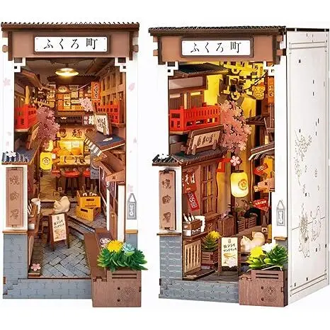 Rolife Diy Book Nook Kits For Adults, Miniature Dollhouse Booknook Kit, 3D Wooden Puzzle Creative Decorative Bookends Bookshelf Diorama Insert Crafts Hobbies Gifts (Sakura Wine Alley)