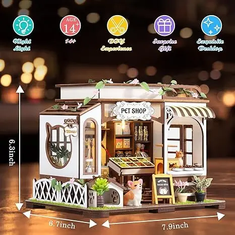 Diy Miniature House Kit,Tiny House Pet Shop With Furniture & Led,Diy Dollhouse Miniature Kit For Adults Teen,Mini House Building Kit,3D Wooden Craft Mini Model Kit,Birthday Gifts Home Decor - Image 3