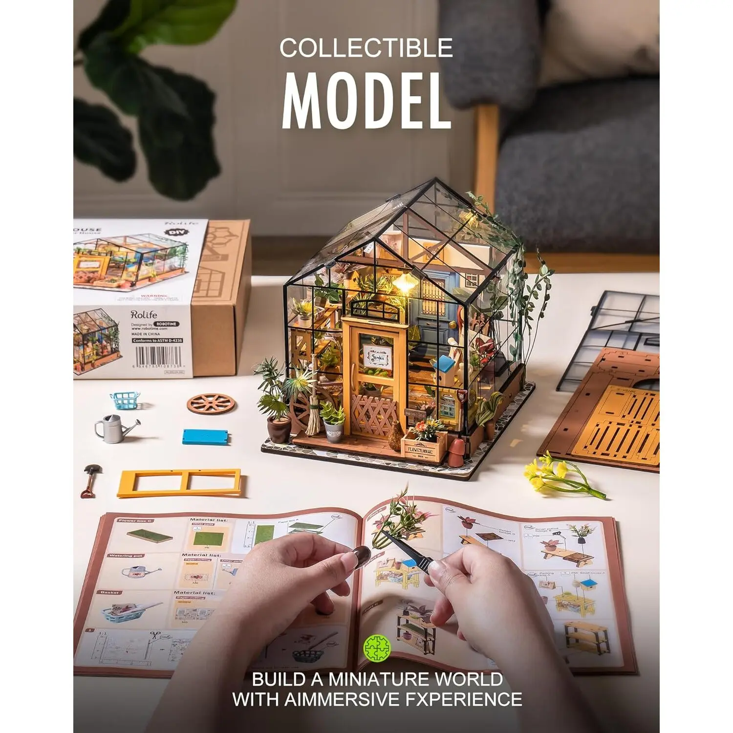 Rolife Cathy's Flower House Diy Miniature Kit Rolife Diy Miniature House Kit Greenhouse, Tiny House Kit For Adults To Build, Mini House Making Kit With Furniture, Halloween/Christmas Decorations/Gifts For Family And Friends (Cathy's Greenhouse) - Image 6