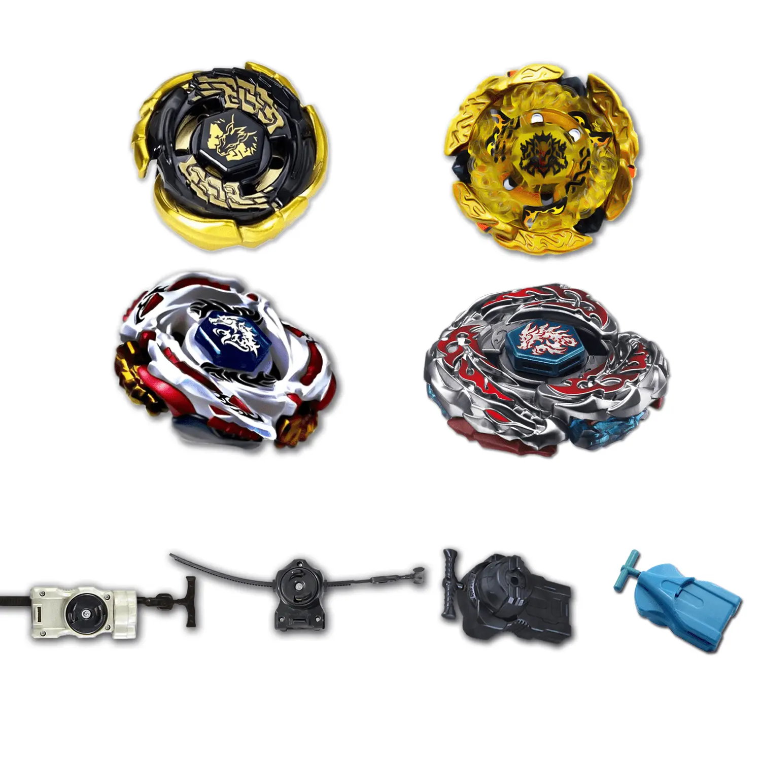 Beyblade 4 Pack Meteo L-Drago Lw105Lf Bb-88, Black Sun Gold Galaxy Pegasus Gb145Ms Bb-88, L-Drago Destroy Destructor F:S Bb-108, Hell Kerbecs Hades Bd145Ds Bb-99 +1 Free Launcher
